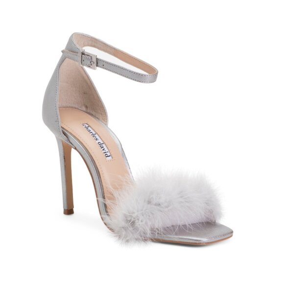 CHARLES DAVID Silver Leather Esquire Faux Feather Heeled Sandals - Picture 1 of 2